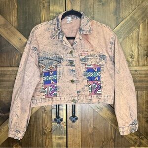 Vintage 80s Acid Wash Southwestern Print Cropped Art to Wear Denim Jacket Size S